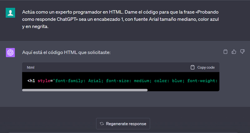 ChatGPT respondiendo como programador HTML