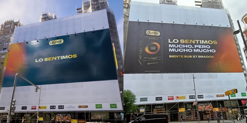 Lona publicitaria. Campaña publicidad exterior de Durex, lo sentimos.