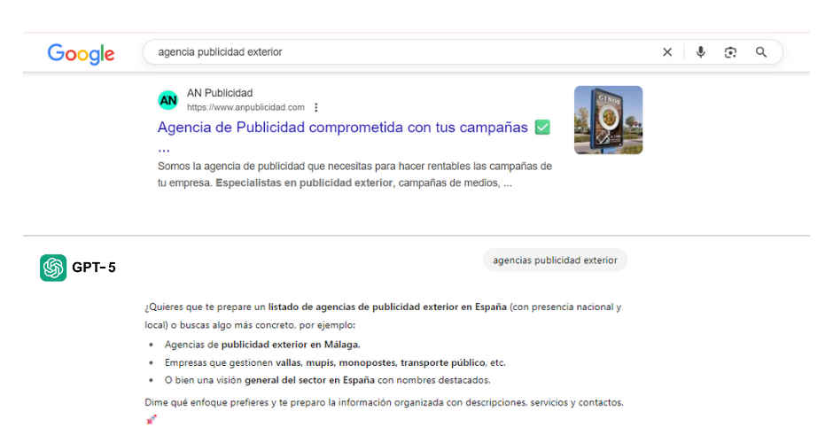 Búsqueda realizada en Google Search vs Búsqueda realizada en Chat GPT