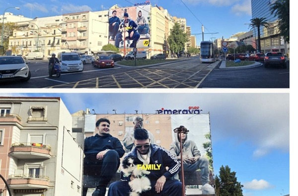 Lona publicitaria en fachada, Luis Morales 32, esquina Eduardo Dato frente al centro comercial Nervión Plaza, Sevilla.