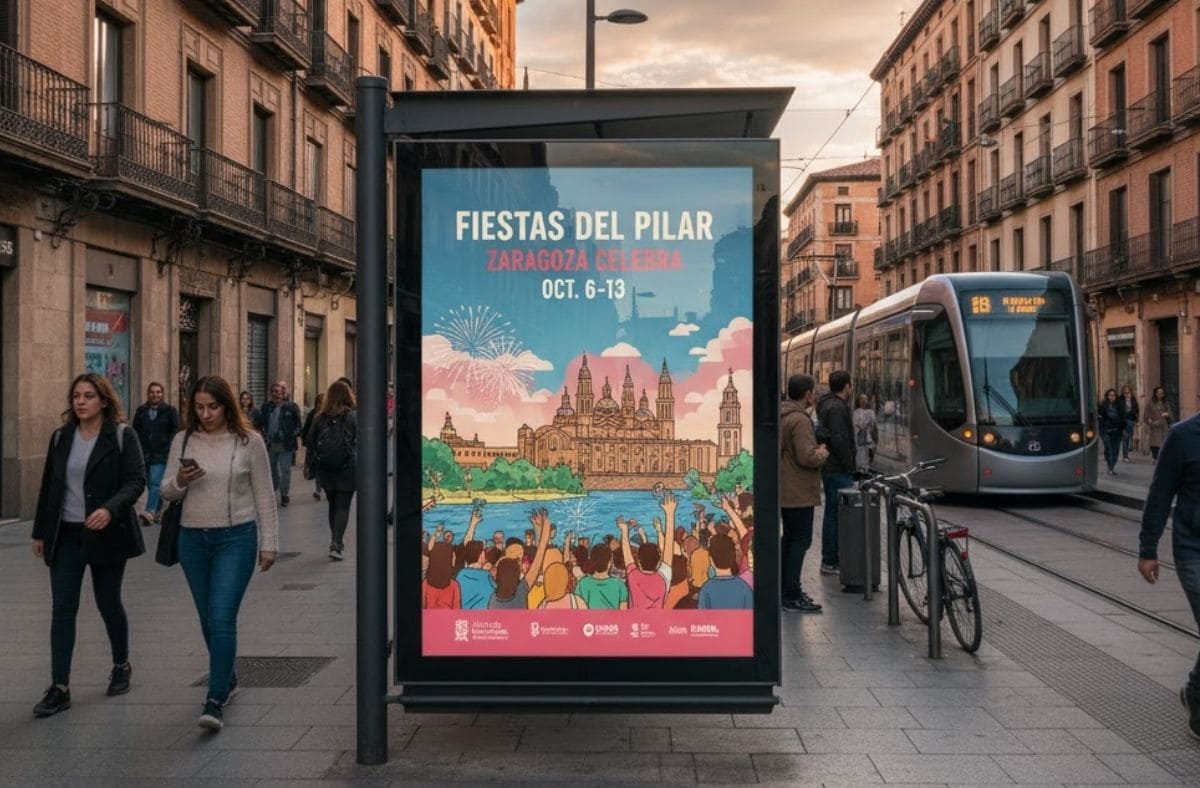 Mupi de mobiliario urbano en Zaragoza, soporte publicitario para campañas locales.